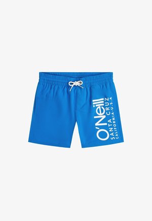 Blue swim shorts with white drawstring and white "O'Neill Santa Cruz California U.S.A" text on the right leg.