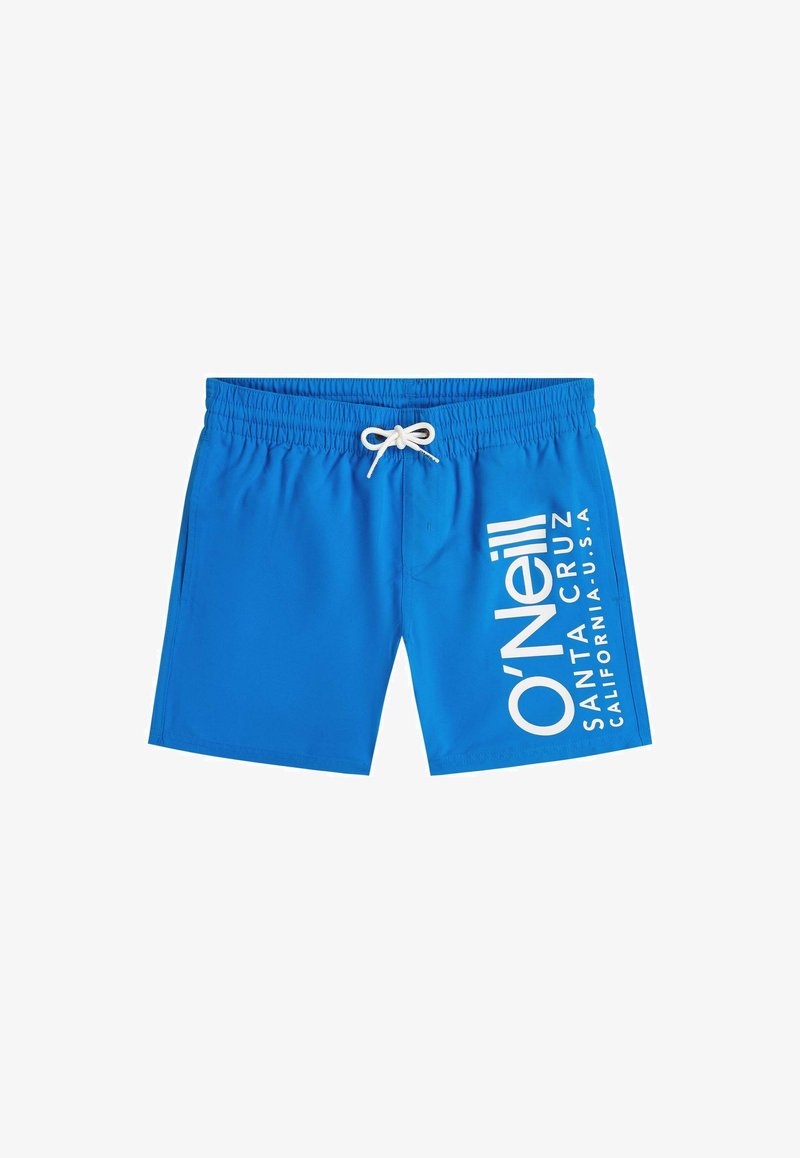 Blaue Badeshorts mit weißem Kordelzug und weißem "O'Neill Santa Cruz California U.S.A"-Schriftzug am rechten Bein.