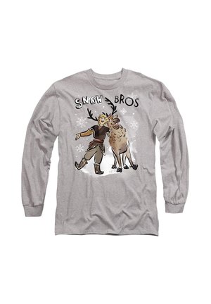 Graues Langarmshirt mit einer Cartoon-Abbildung eines Jungen und eines Rentiers mit Geweihen, umgeben von Schneeflocken und dem Text "SNOW BROS" über ihnen.