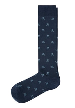 Calcetín azul marino hasta la rodilla con un patrón de calaveras y huesos cruzados azul claro distribuidos uniformemente por toda la tela.