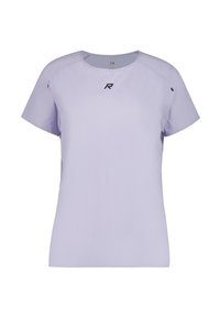 T-shirt a maniche corte di colore lilla chiaro, realizzato in tessuto traspirante. Presenta un collo tondo e un piccolo logo nero sul petto.