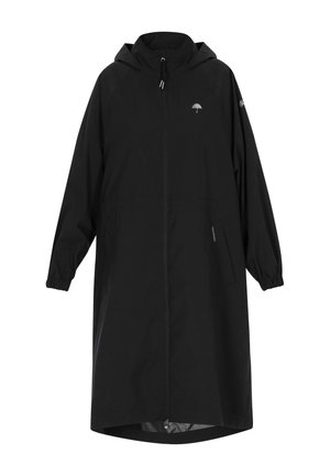 Černý nepromokavý kabát s kapucí, elastickými manžetami, předním zipem a boční kapsou. Na hrudi malý obrázek deštníku.