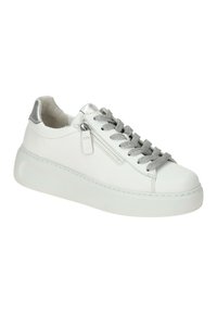 White leather sneaker with a rounded toe, silver accents, a side zipper, and gray textured laces on a thick white sole.