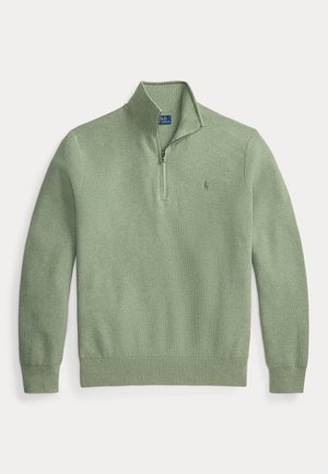 Svetlozelený textúrovaný pletený pulóver s dlhými rukávmi, štvrtinovým zipsovým golierom a vyšitým logom na ľavej strane hrude.