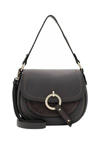 Dunkelgraue Leder-Crossbody-Tasche mit strukturierter Oberfläche, ausgestattet mit einem runden Metalldetail und einem abnehmbaren Tragegurt.