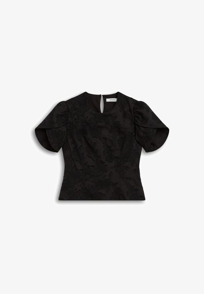 Black blouse with puff sleeves, textured fabric featuring a subtle pattern, fitted design, and a keyhole back with a zipper closure.