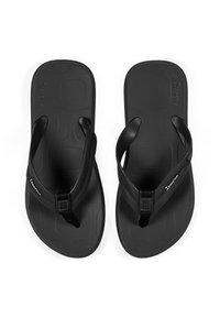 Schwarze Flip-Flops mit strukturierten Gummisohlen, ausgestattet mit kontrastierenden Stoffriemen und einem Logo-Detail. Klassisches Zehentrenner-Design mit minimalistischer Ästhetik.