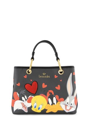 Borsa nera con cuori e volti dei cartoni animati di Silvestro, Titti, Daffy Duck e Bugs Bunny sul davanti, con manici dorati.