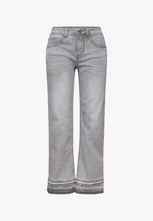 Lysegrå denimjeans med lige ben, forlommer, knaplukning og frynsete dobbelte kanter.