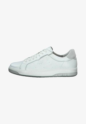 White leather sneaker with rounded toe, flat rubber sole, and gray suede accents at heel. Features perforated side detailing and lace-up closure.