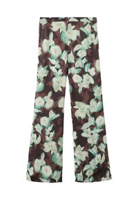 Pantalones acampanados con una base marrón oscuro que presenta un patrón floral en verde y blanco; textura suave y cinturilla elástica para mayor comodidad.