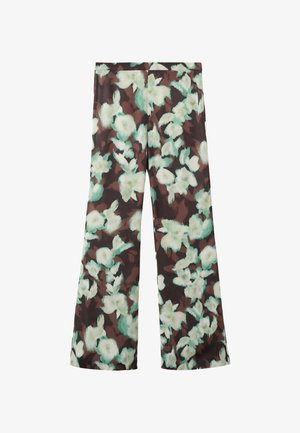 Flared trousers with a dark brown base featuring a green and white floral pattern; smooth texture and elastic waistband for comfort.