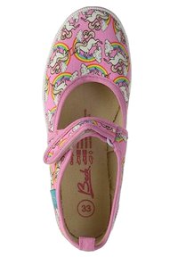 Rosa Stoffschuhe mit Einhorn- und Regenbogenmuster, elastischem Riemen über der Oberseite und gepolstertem Fußbett. Größen sind innen markiert.