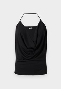 Must mustrindiga must tank top, millel on vooderdatud kaelus, valmistatud siledast kangast, avatud seljaga ning ilma nähtava riistvara või aksessuaarideta.