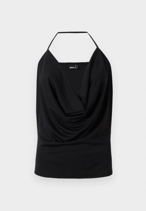 Melna halter top ar drapētu dekoltē, izgatavots no gludas auduma, ar atvērtu aizmuguri un bez redzamām detaļām vai akcentiem.