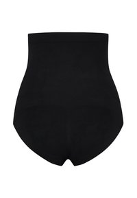 Zwarte high-waisted shaping shorts met een gladde textuur, naadloze randen en een aansluitend ontwerp, geschikt om onder kleding te dragen.