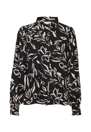 Sort button-up skjorte med lange ærmer, prydet med et blomstermotiv i lys rosa. Blødt stof med samlet manchetter og et klassisk kravedesign.
