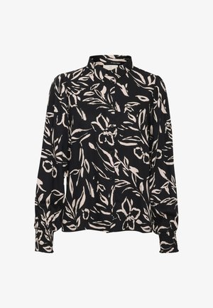 Crna košulja dugih rukava s dugim rukavima, koja ima cvjetni uzorak u svijetlo ružičastoj boji. Mekani materijal s naboranim manžetama i klasičnim dizajnom ovratnika.