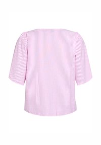 Pink and white striped top with short sleeves, a round neckline, and a boxy fit. The fabric appears lightweight and smooth in texture.
