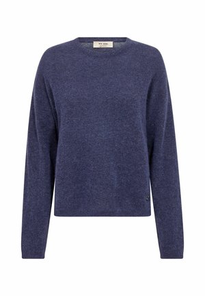 Long-sleeve crewneck sweater in soft navy blue knit with a small brand tag near the hem, designed for casual wear.