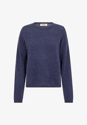 Long-sleeve crewneck sweater in soft navy blue knit with a small brand tag near the hem, designed for casual wear.