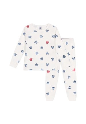 Cotton pajama set featuring a long-sleeve top and matching pants, white background with red and blue striped heart patterns.