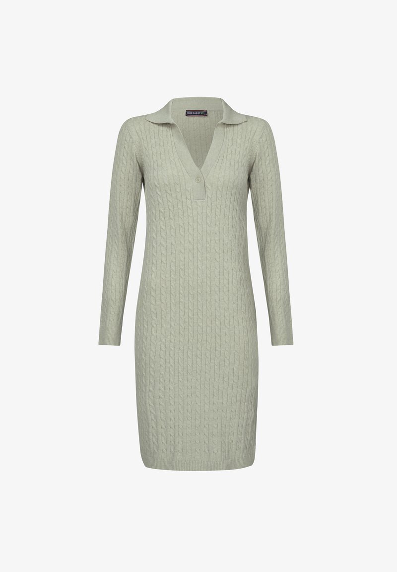 Kootud kleit helesinisena, millel on põimimismuster, kaelus ja nööbpliiats, pikad varrukad ja keha lähedane siluett.