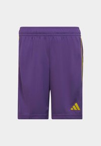 Lila Sportshorts mit elastischem Bund. Mit gelben Seitenstreifen und einem kleinen gelben Logo in der unteren rechten Ecke.