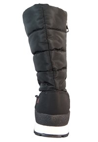 Czarne botki do kolan z puchowym nylonowym cholewką, zamkiem błyskawicznym, textured rubber sole i białym akcentem na pięcie. Posiada pikowane przeszycia.
