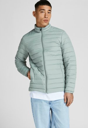 Chaqueta de plumón verde claro con costuras horizontales, cuello alto y cierre de cremallera. Llevada sobre una camisa blanca y combinada con jeans de mezclilla azul claros.