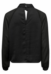 Zwarte blouse met een hoge hals, lange mouwen en een sleutelgat achterkant ontwerp. Gemaakt van lichtgewicht stof met een gladde textuur.