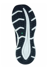 Zwarte rubberen sneakerzool met diepe noppen, witte tussenzoolaccent en een klein groen driehoekdetail in het midden. Vlak en textuur verharde oppervlak.