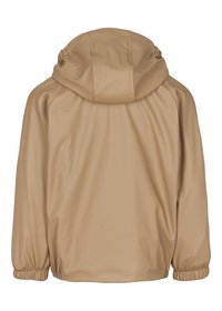 Giacca khaki con cappuccio realizzata in materiale liscio e resistente all'acqua. Presenta polsini elastici e una vestibilità comoda con un design semplice.