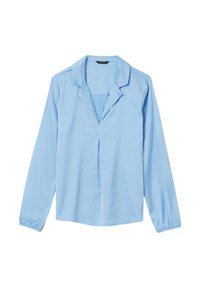 Blusa azzurro chiaro a maniche lunghe con colletto a punta, texture morbida, dettaglio plissettato sul davanti e polsi elastici arricciati.