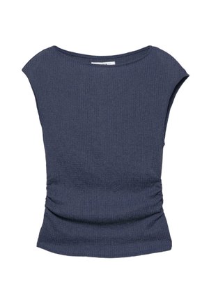 Ærmeløs mørkeblå ribstrikket top med rynkede sider og en bred rund halsudskæring, lagt fladt på en hvid baggrund.