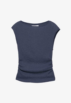 Ujjatlan sötétkék bordázott kötött felső, oldalain megkötős, széles kerek nyakkivágással, fehér háttéren lefektetve.