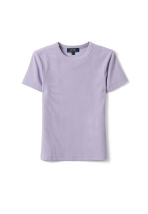 Camiseta de algodón con mangas cortas, acanalada, color lavanda, cuello redondo, talla pequeña, mostrada sobre fondo blanco.