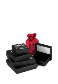 Set of five black textured jewelry boxes with a reflective interior, accompanied by a red satin pouch with a drawstring closure.