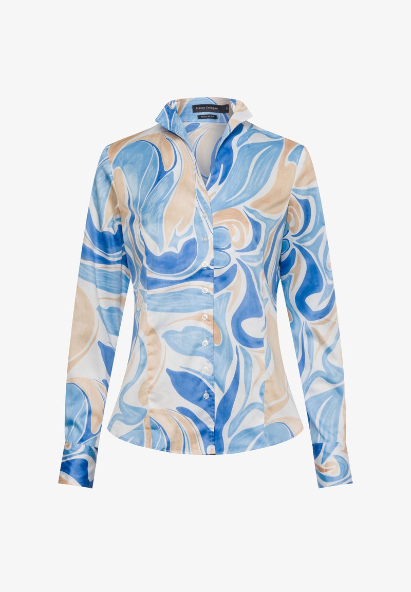 Long-sleeve shirt with a blue and beige abstract swirl pattern, button-down front, and a collared neckline. Made from smooth fabric.