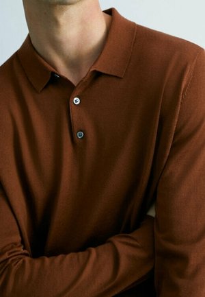 Bruine poloshirt met lange mouwen van zachte stof, voorzien van een klassieke kraag, een drieknoopsluiting en een subtiele textuur.