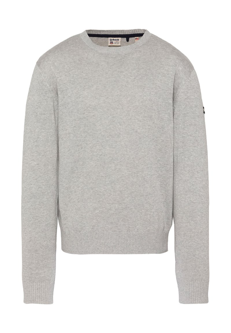 Pull gris clair à manches longues avec col rond, poignets et ourlet côtelés, présentant un petit patch logo sur la manche gauche.