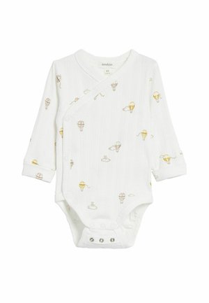 Hvid langærmet babybody med trykknapper, med små luftballon- og skymotiver i bløde gule og beige nuancer.