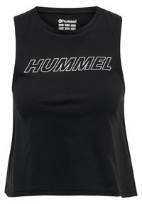 Czarny, bezrękawnikowy krótki top z białym napisem logo "HUMMEL" na piersi i okrągłym dekoltem.