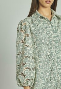 Blusa in pizzo verde chiaro con motivo floreale, maniche a sbuffo e chiusura con bottoni. Presenta dettagli in pizzo intricati con texture a contrasto.