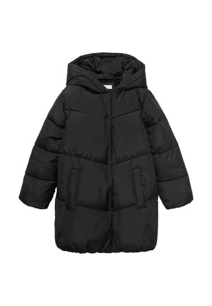 Manteau d'hiver noir matelassé avec capuche, manches longues et poches avant, conçu pour la chaleur et la protection contre le froid.