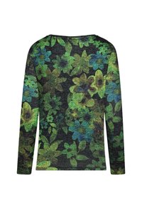 Long-sleeve top with a black background featuring a vibrant floral pattern in green, blue, and yellow hues. Textured fabric with a rounded neckline.