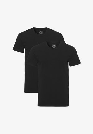 Twee zwarte katoenen T-shirts met korte mouwen en ronde hals, met een eenvoudig ontwerp en geen zichtbare patronen of accenten.