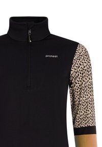 Zwarte zip-up top met een hoge kraag. Eén mouw heeft een beige dierenprint, terwijl de andere mouw volledig zwart is, met een getailleerd ontwerp.