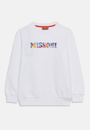 White long-sleeve sweatshirt with colorful geometric "MISSONI" logo centered on the chest and ribbed cuffs and hem.