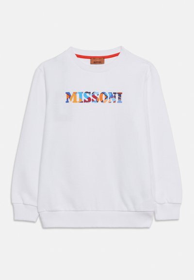 Sweat-shirt blanc à manches longues avec le logo géométrique coloré "MISSONI" centré sur la poitrine, et poignets et ourlet côtelés.